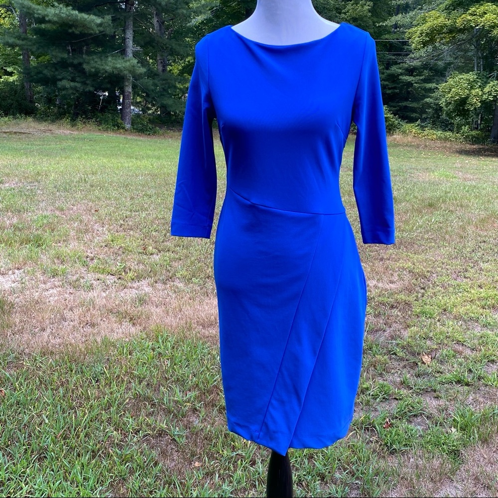 BOSTON PROPER DRESS BLUE SHEATH BODY-CON STRETCH BOAT NECK 3/4 SLEEVE Size 6